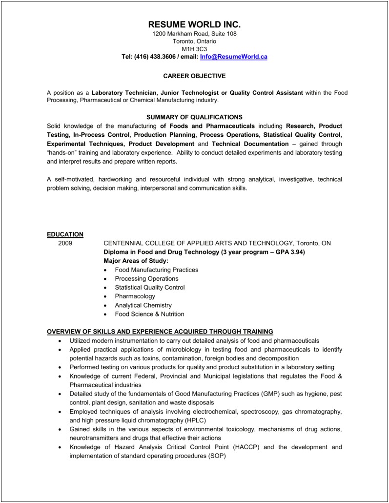 Labratory Experience In College For Resume