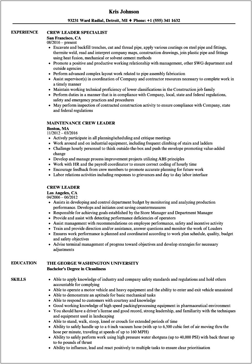 Landscaping Crew Leader Job Description For Resume