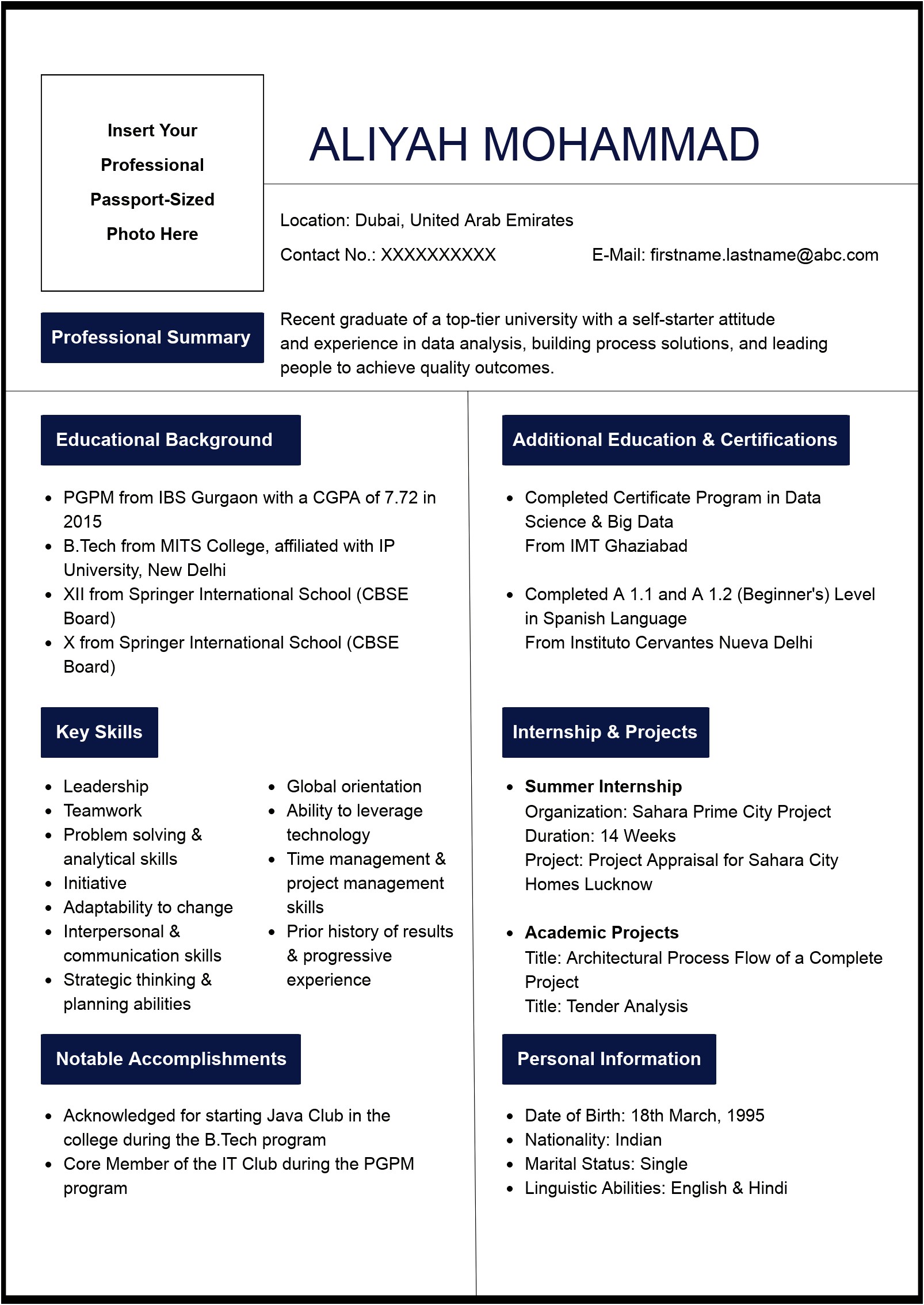 Latest Resume Samples For Freshers 2015