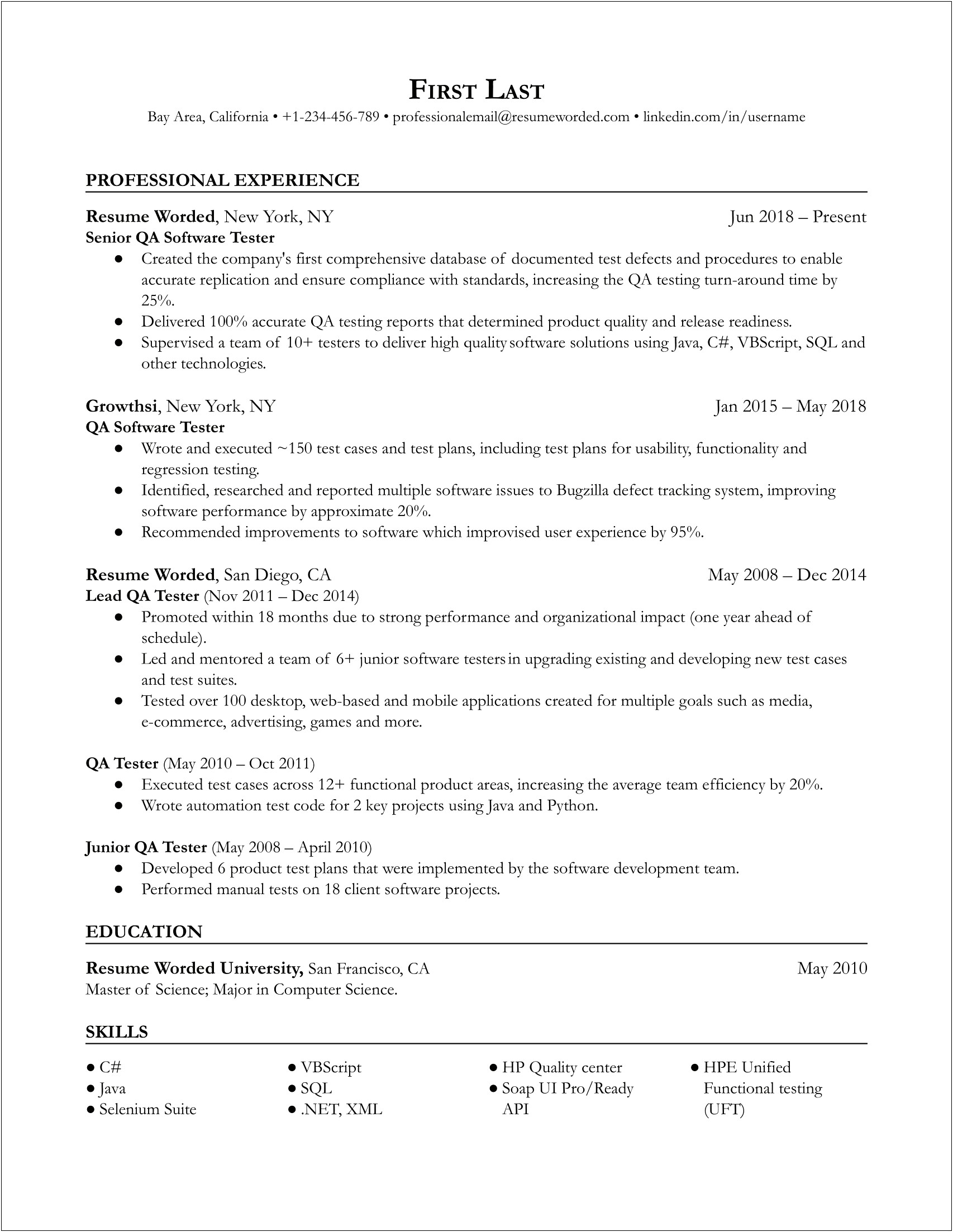 Latest Testing Sample Resume For Experienced