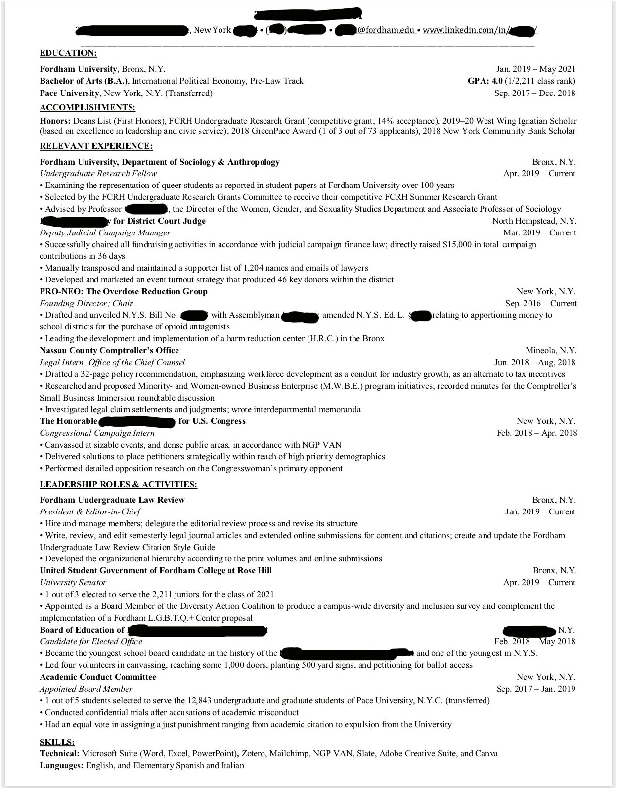 Law School Internship Resume Order Of Experiences