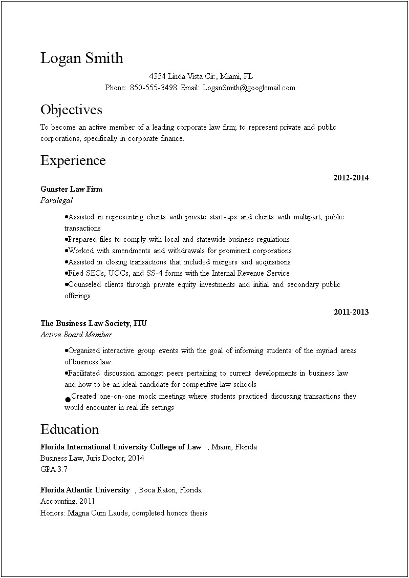 Law School Resume Magna Cum Laude