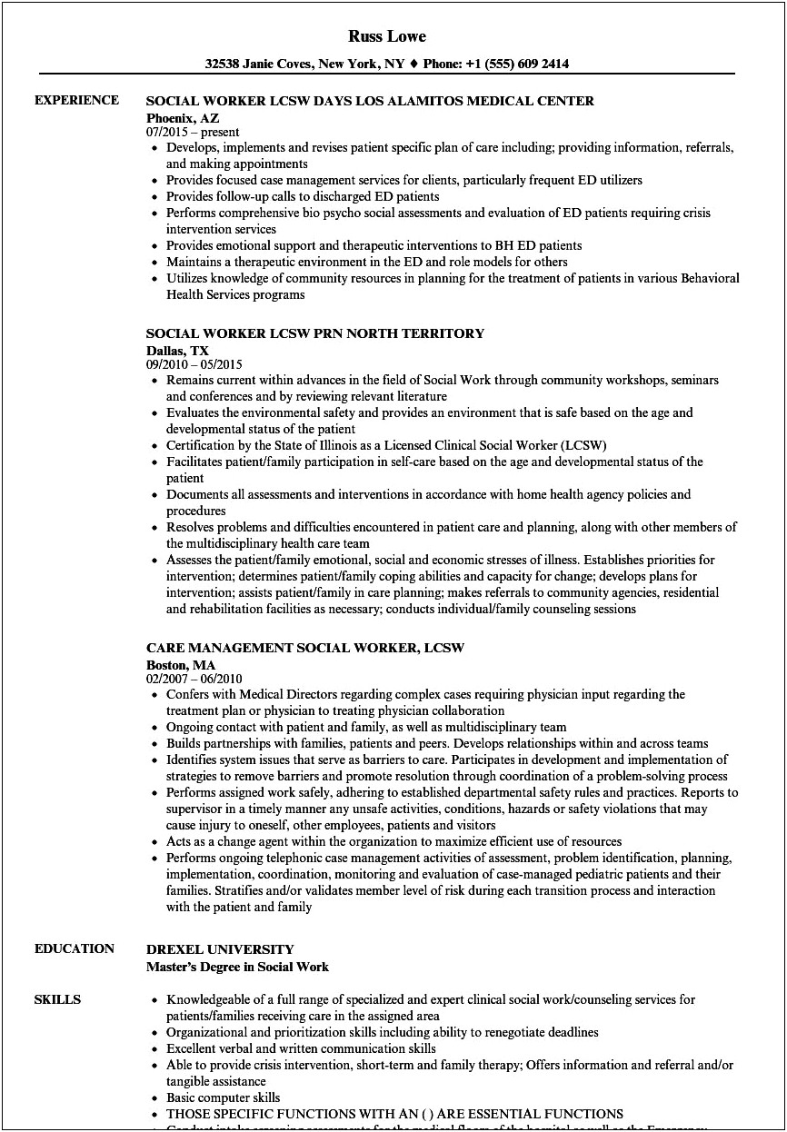 Lcsw List Of Skills For Resume