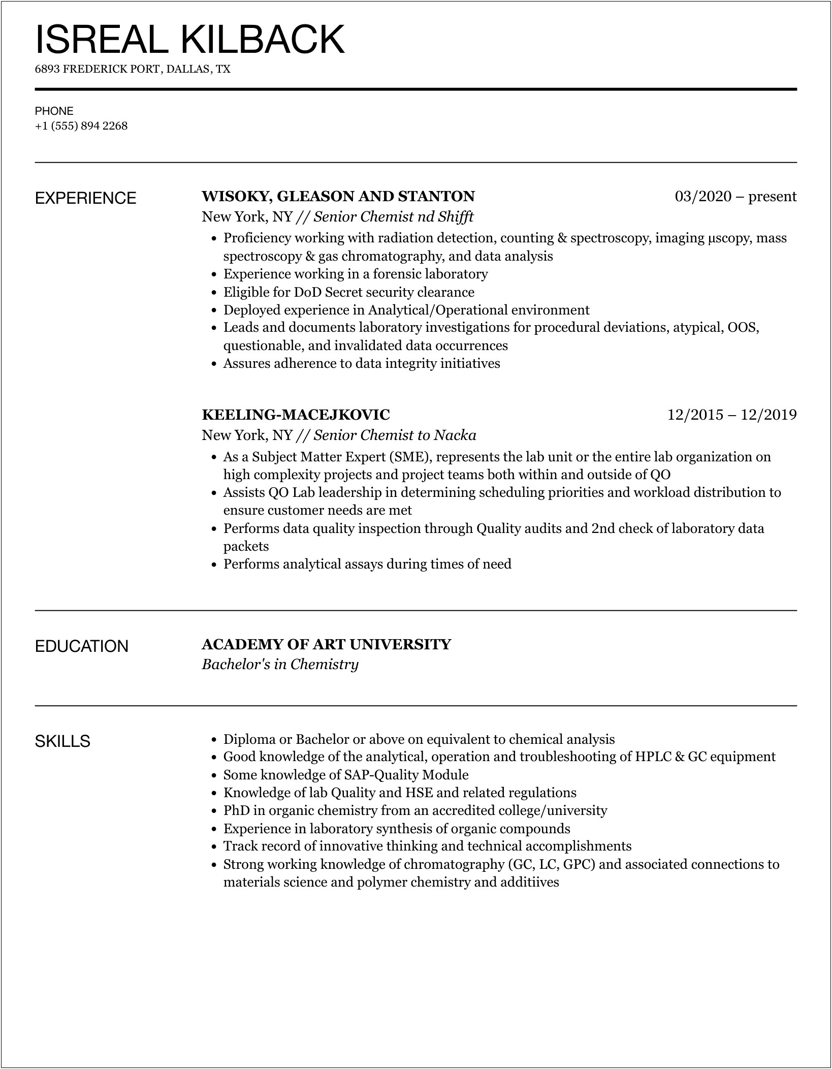 Leachables And Extractables Chemist Resume Sample