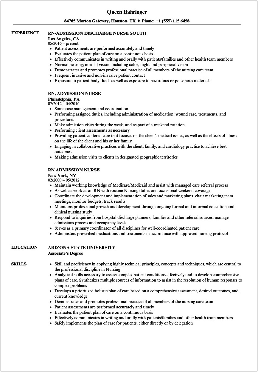 Lead Rn Pre Admission Testing Example Resume