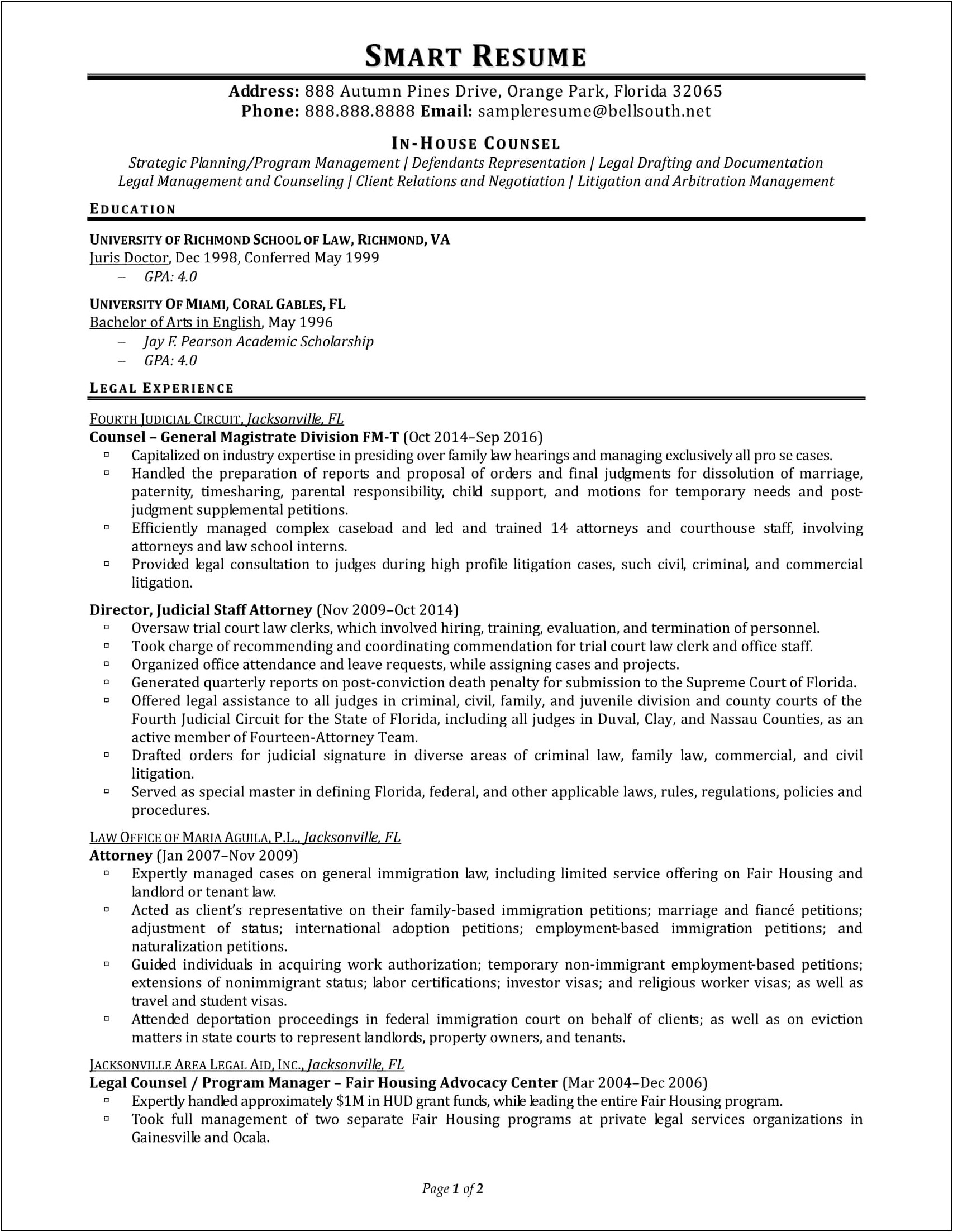 Legal Resume Sample In House Counsel