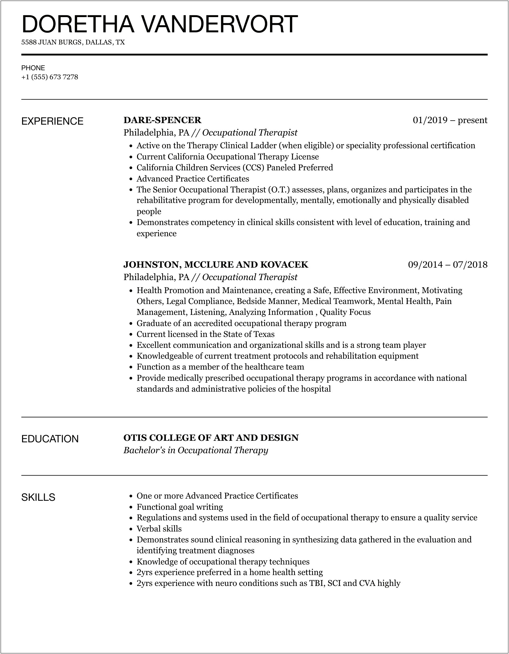 Level Two Fieldwork Resume Occupational Therapy Examples