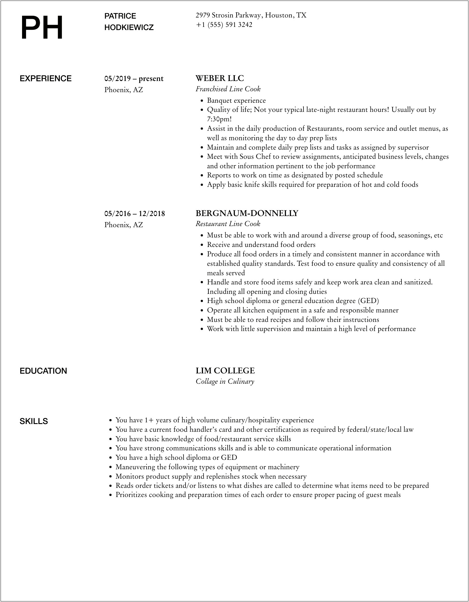 Line Cook Resume Sample & Template Monster.camonster.ca