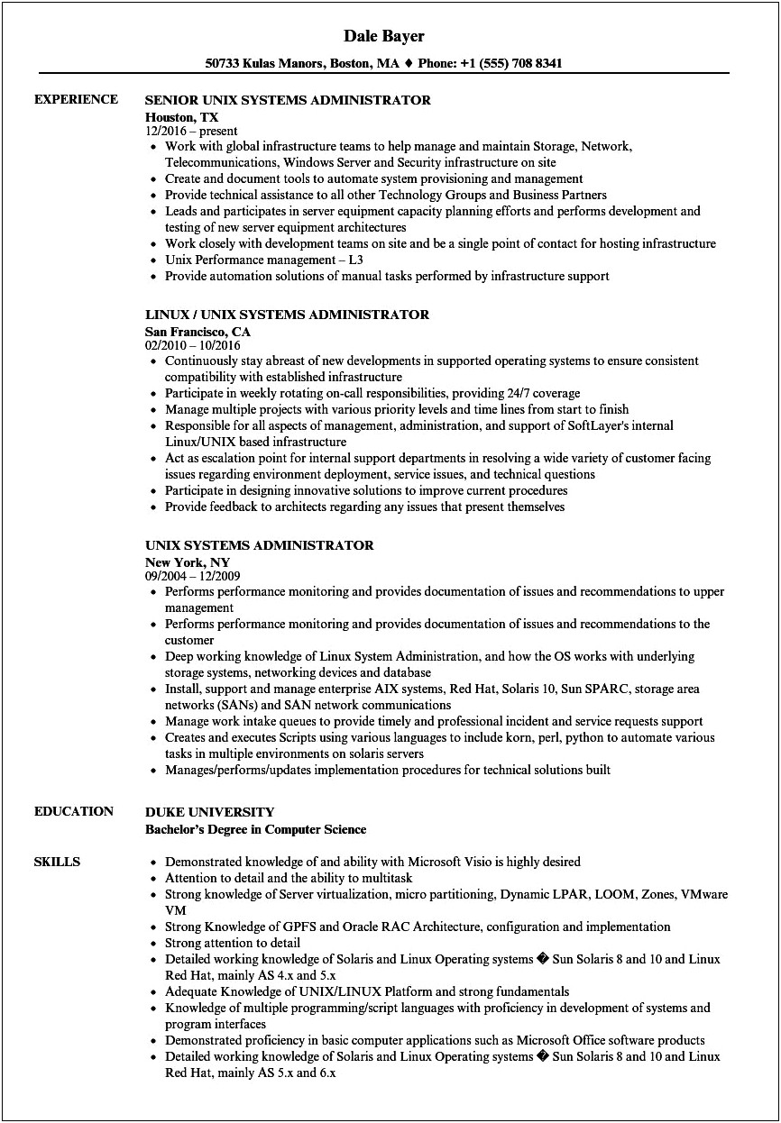 Linux Administrator Resume 10 Year Experience