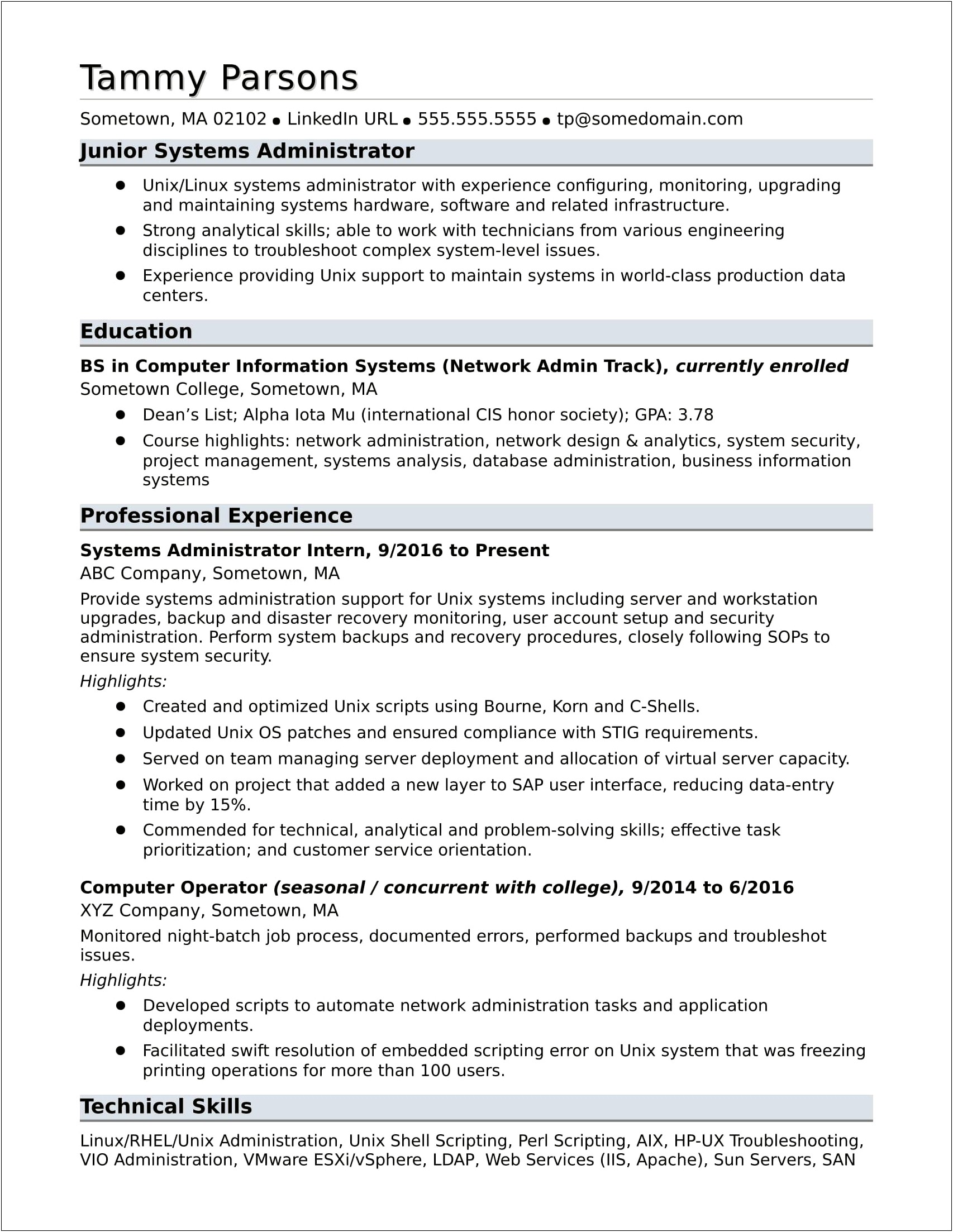 Linux Resume For 1 Year Experience