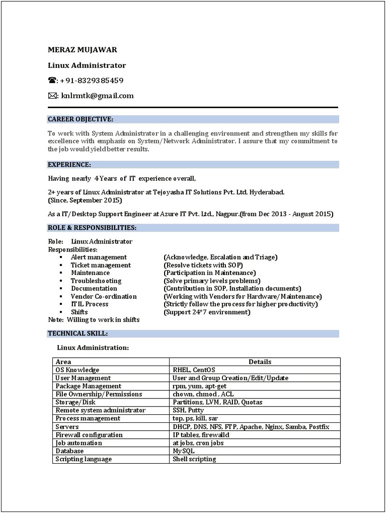Linux System Admin Resume Raid Experience