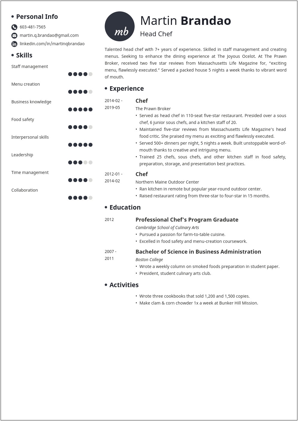 List Of Cooking Skills For Resume