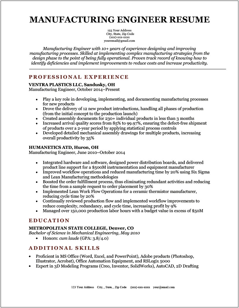 List Of Manufacturing Skills For Resume