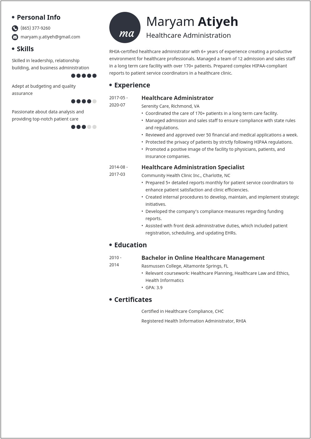 List Of Resume Skills For Health Care Executives