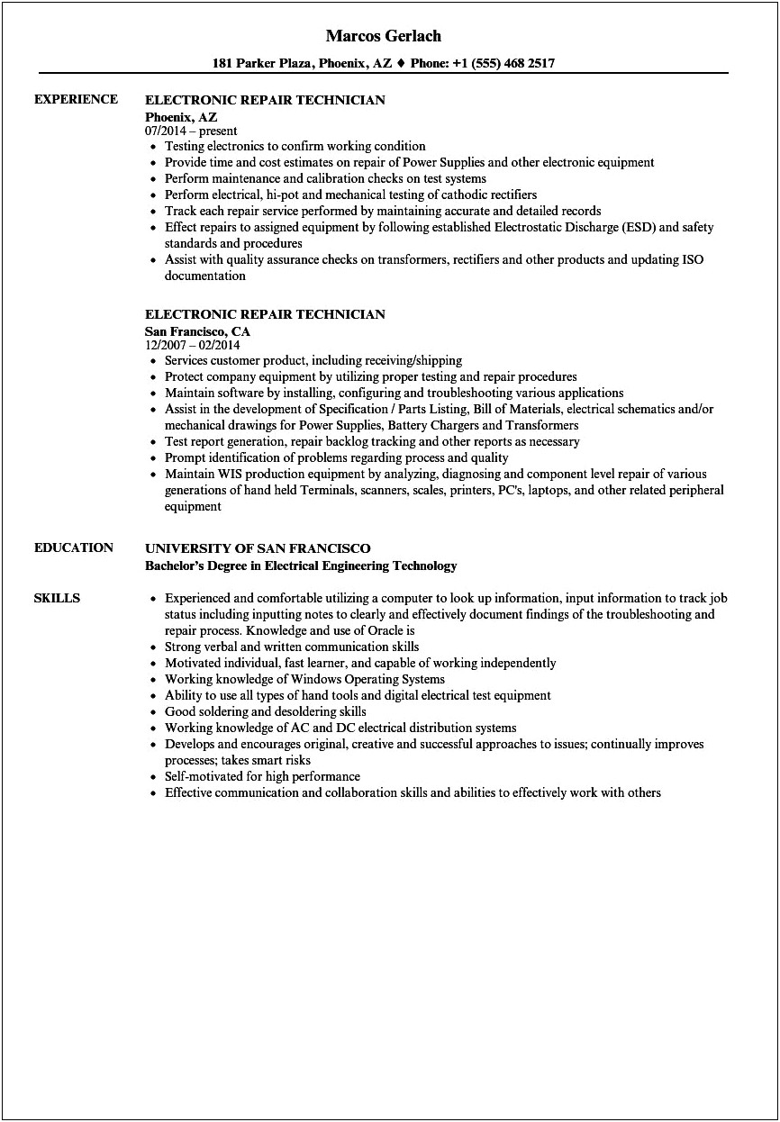 Listing Electronics Technician Skills In Resume