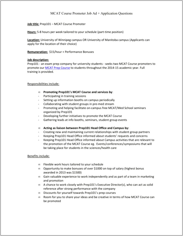 Listing Part Time Job Resume Student Premed