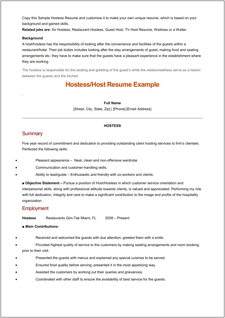 Lobby Attendant In Restaurant Job Description For Resume