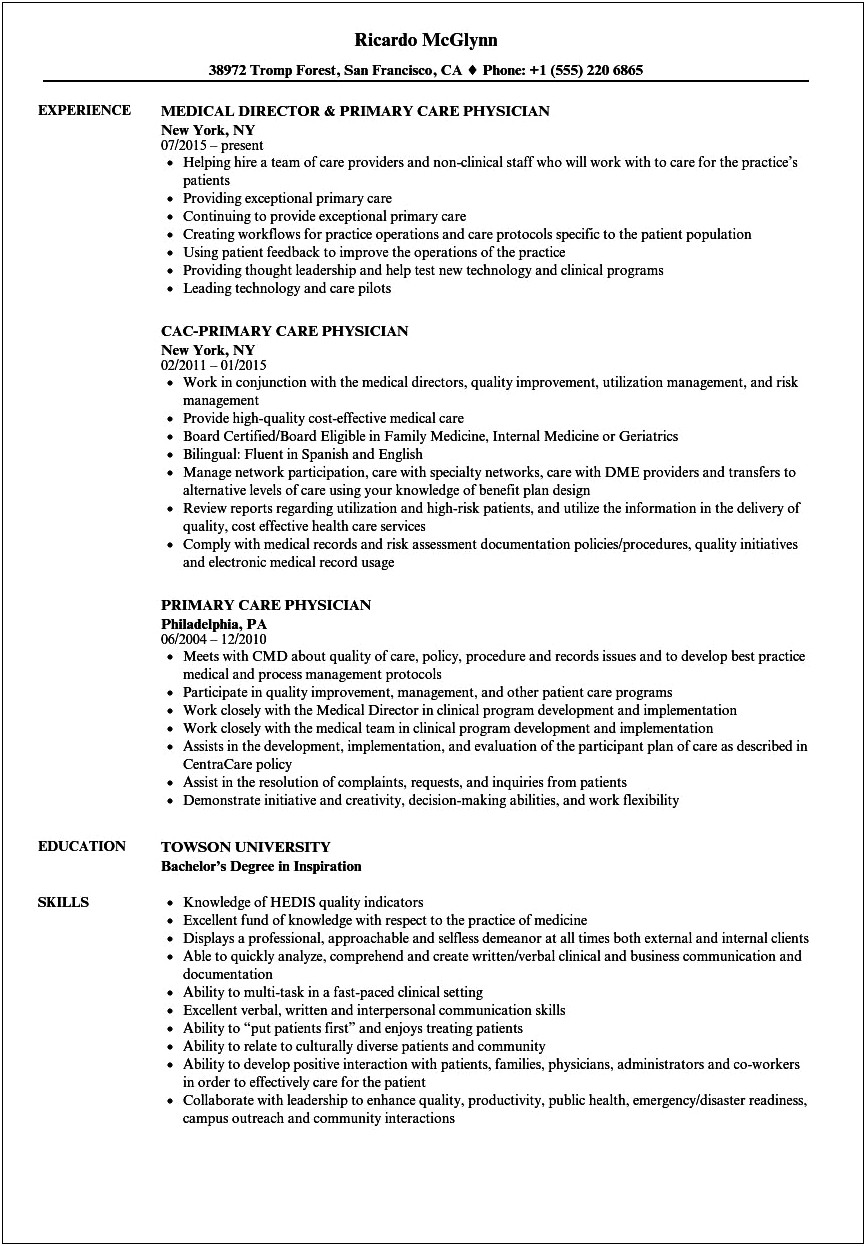 M.d Resume Example Residency Internship