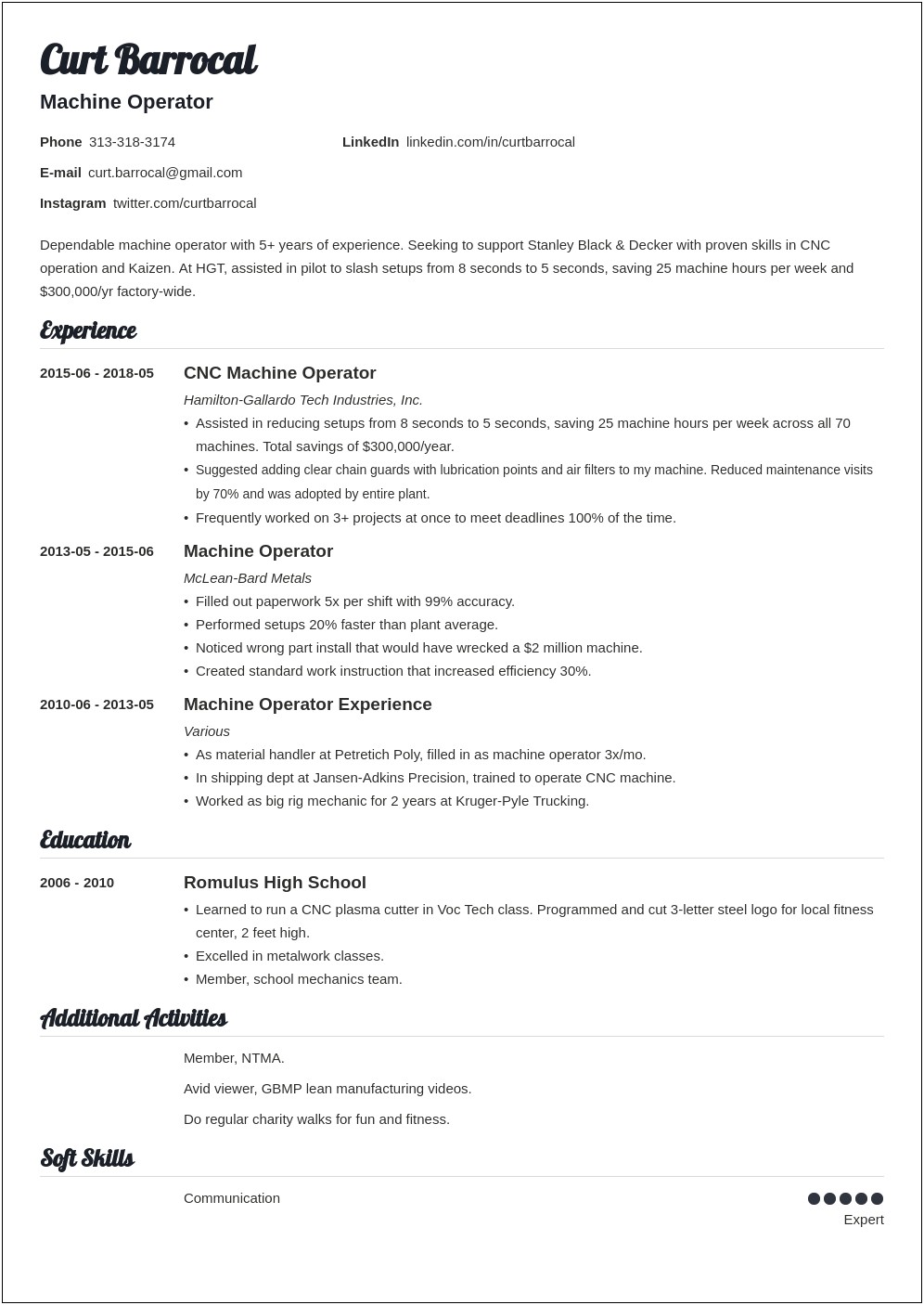 Machine And Equipment Skills For Resume