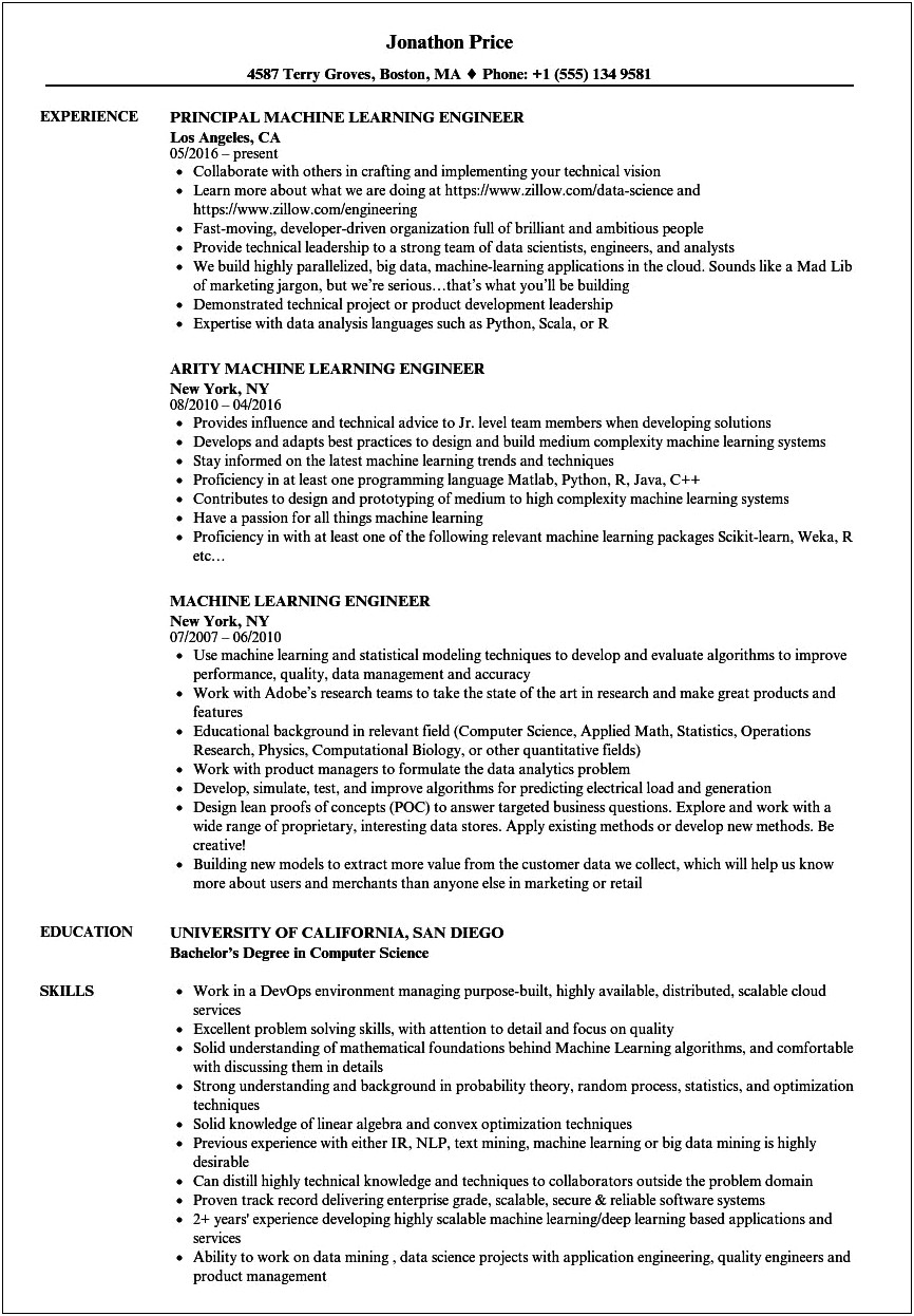 Machine Learning Resume Samples Entry Level