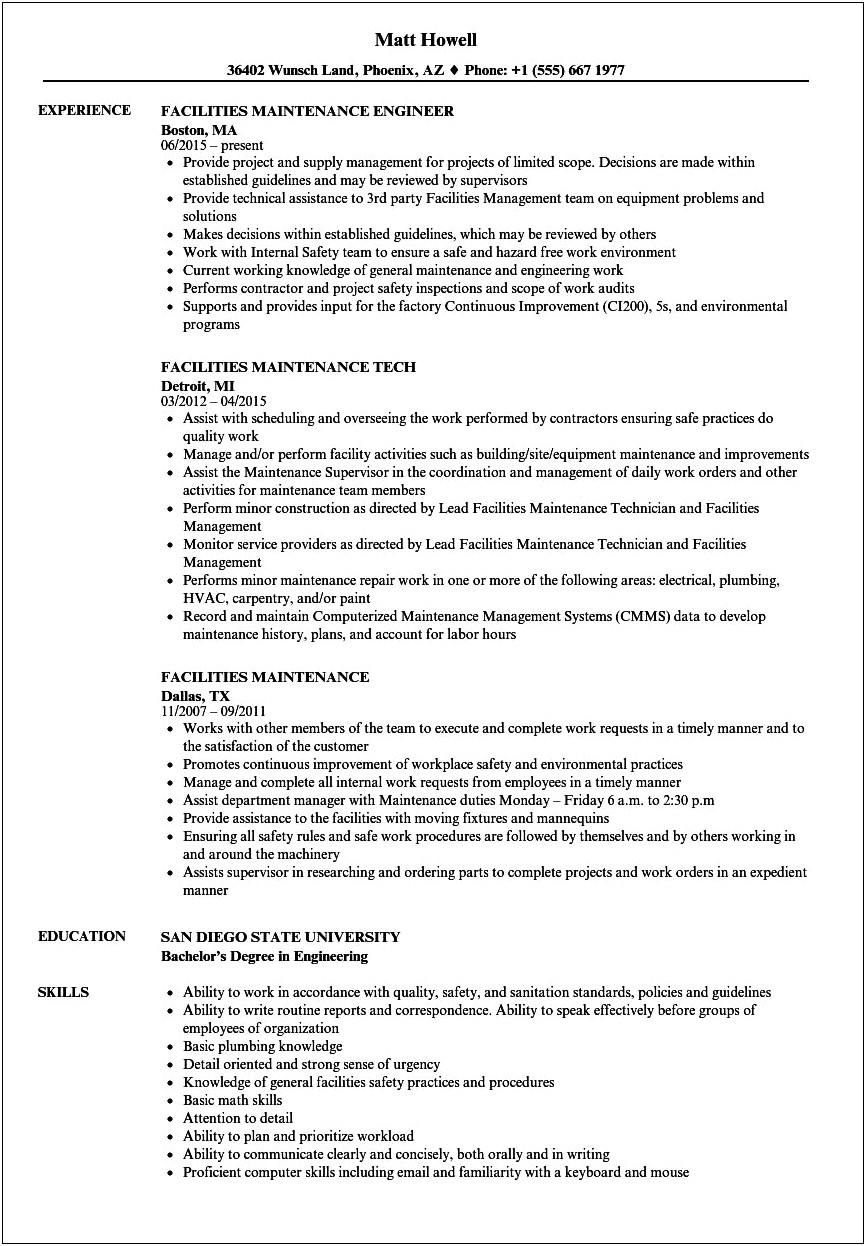 Maintenace Job Summary Of Qualifications Resume