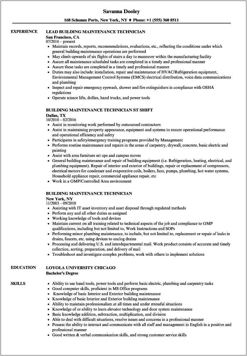 Maintenance Technician Resume Templates Free Download