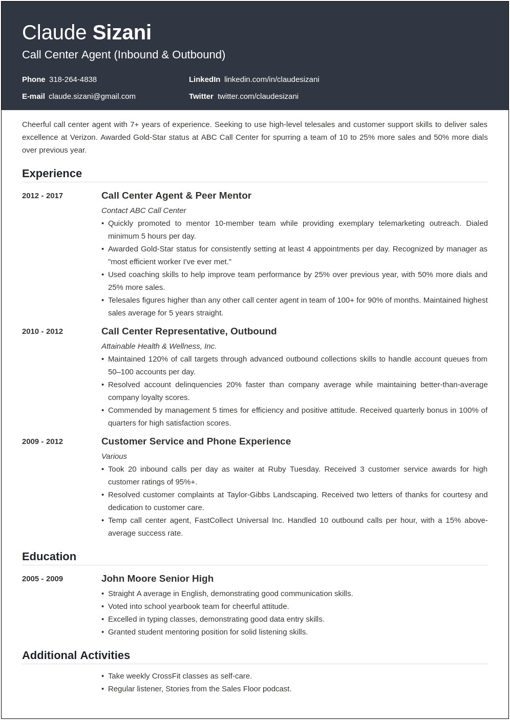 Management Resume Examples 2017 Call Center Management
