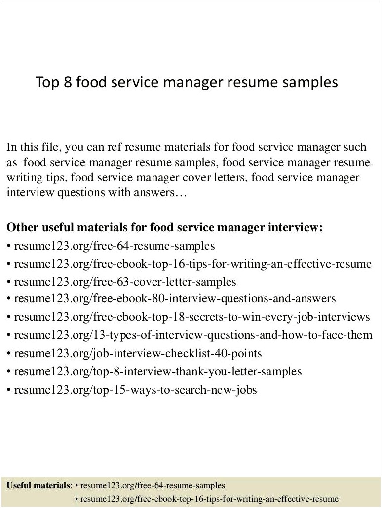 Manager Of Nutrition Services Resume Cover Letter