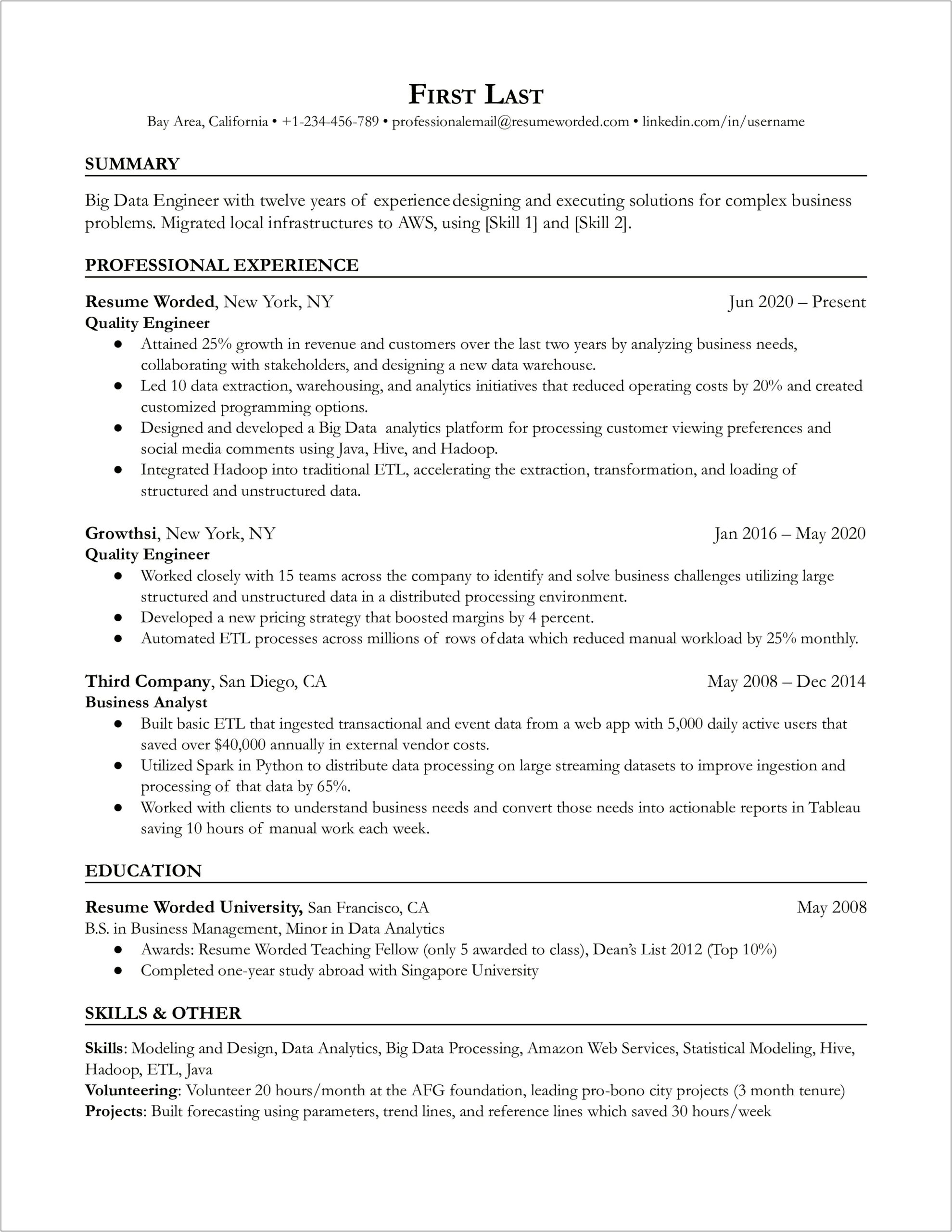 Manager's Resume For Aws And Bigdata