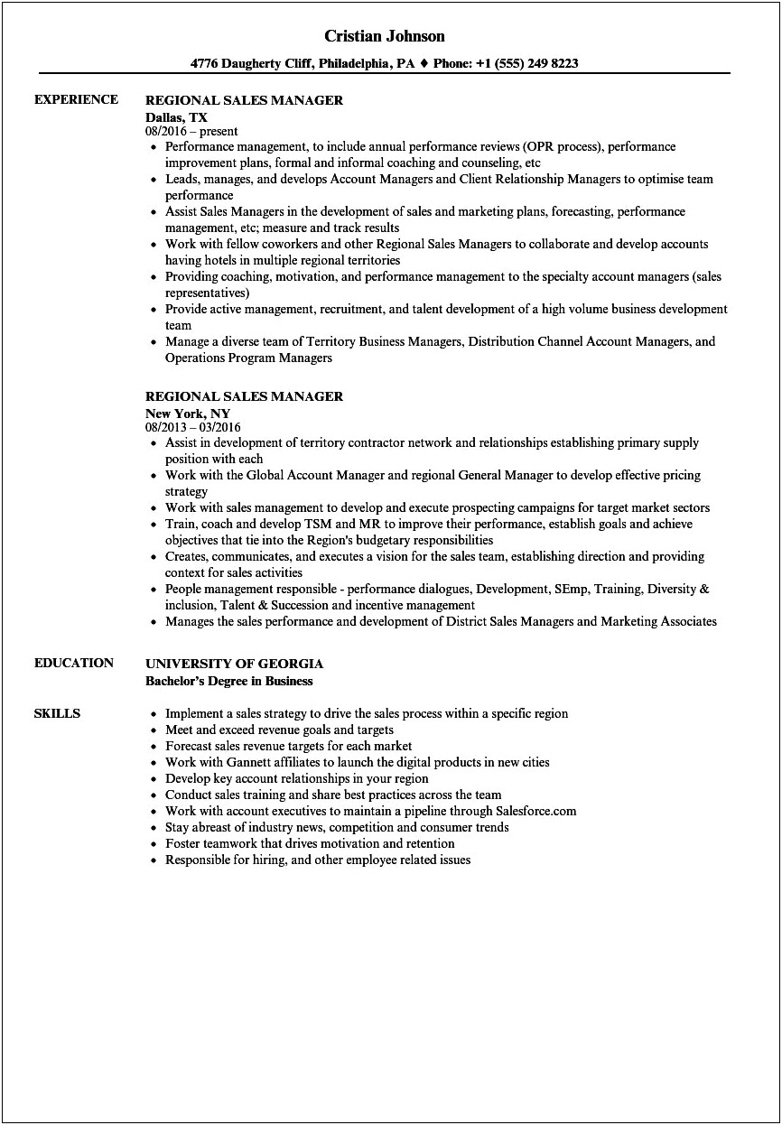 Manufacturer Regional Sales Manager Furniture Resume Sample