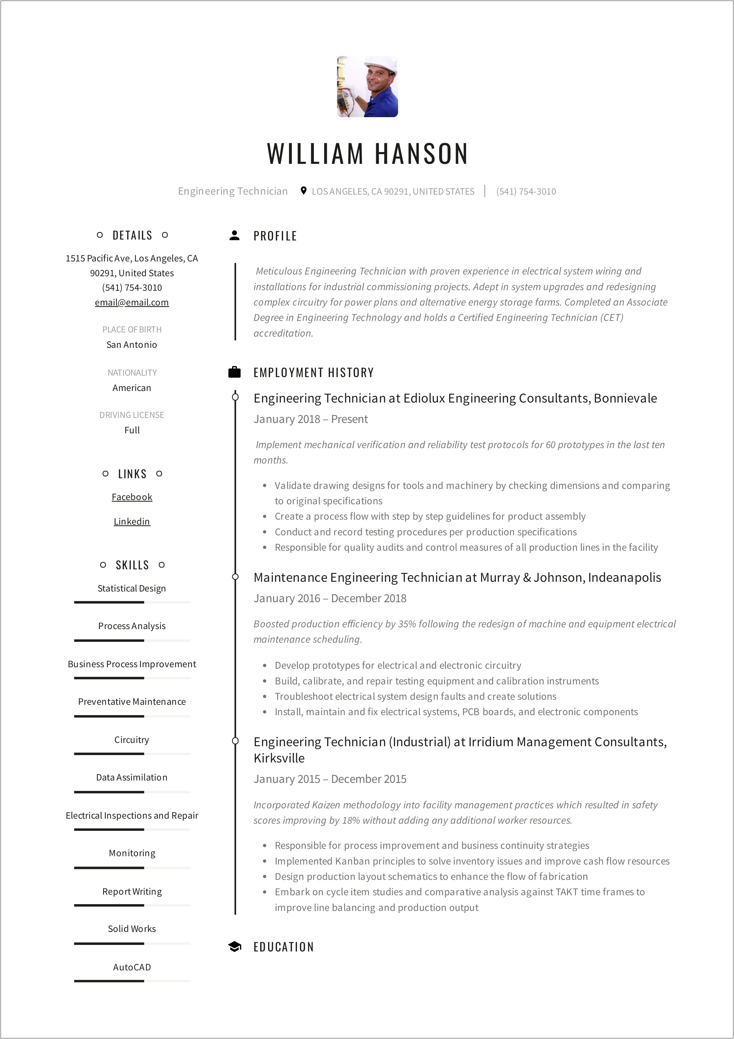 Manufacturing Maintenance Technician Resume Job Description