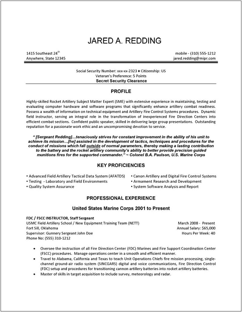 Marine Corps Service On A Resume Example