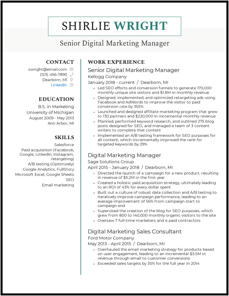 Marketing Manager Resume Sample No Experience