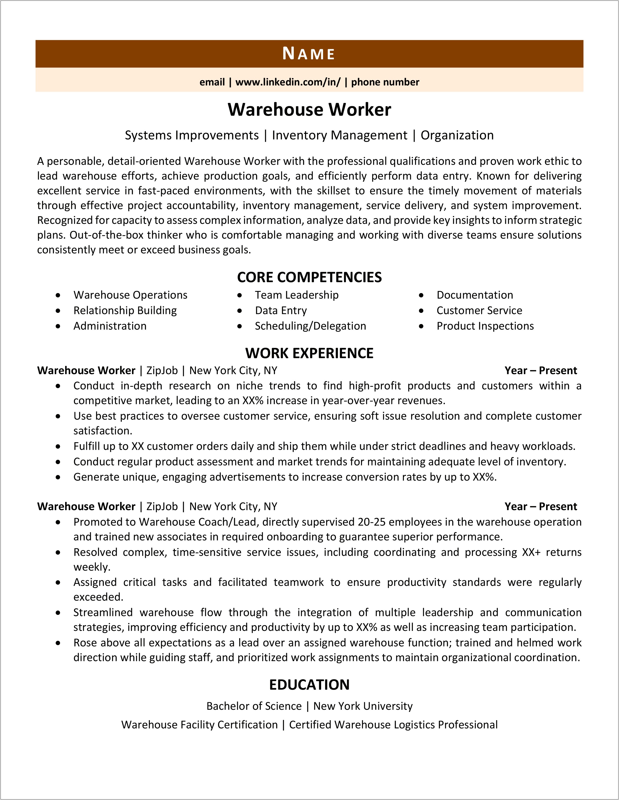 Marshall's Warehouse Work Experience Resume