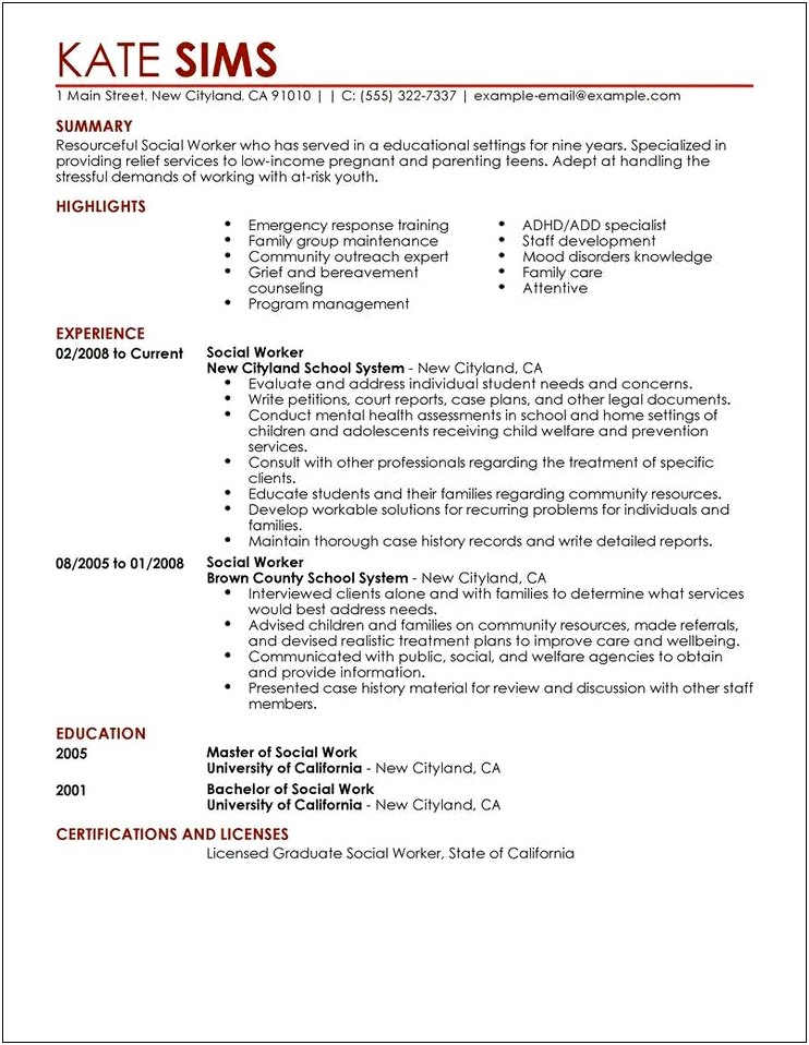 Masters Of Social Work Example Resume