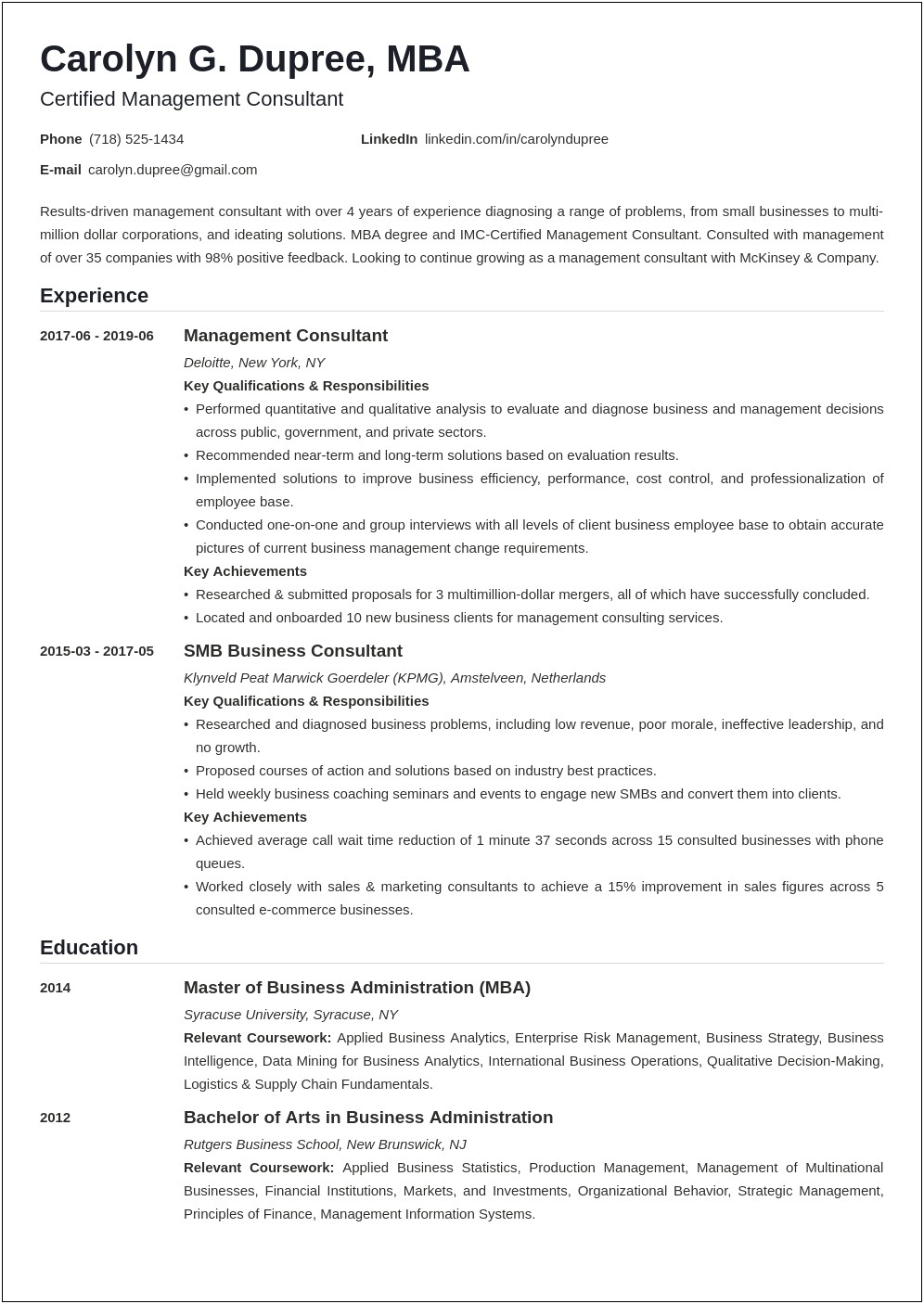 Mba Consultant Sample Resume Start Up Company