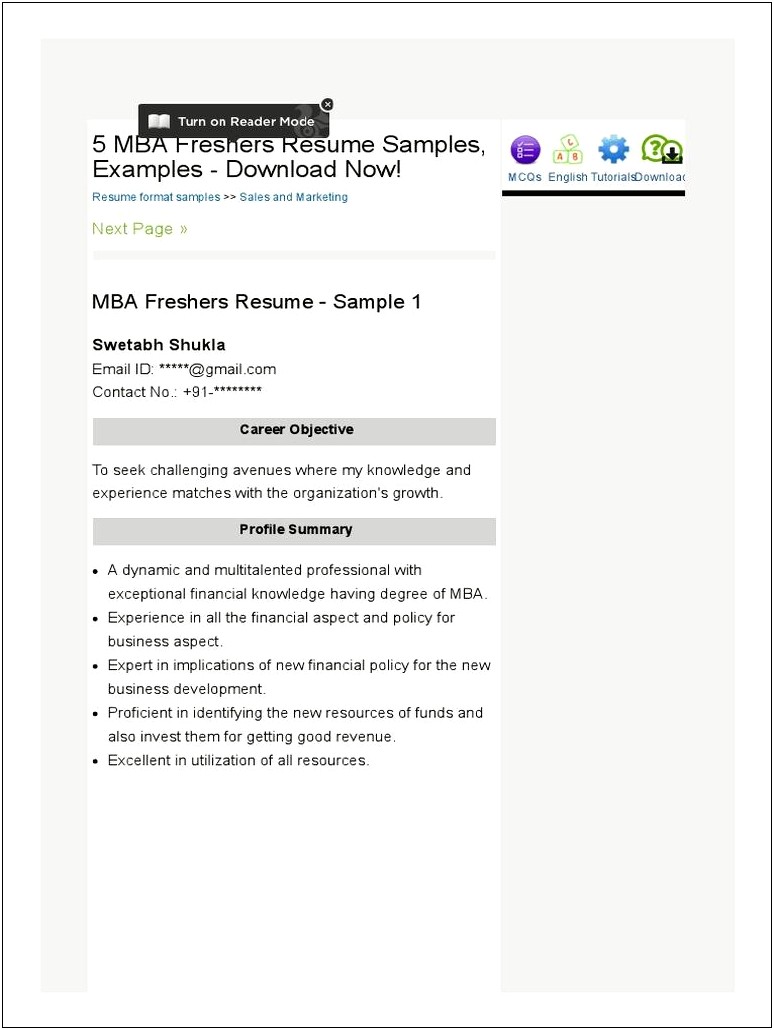 Mba Marketing Fresher Resume Format Free Download