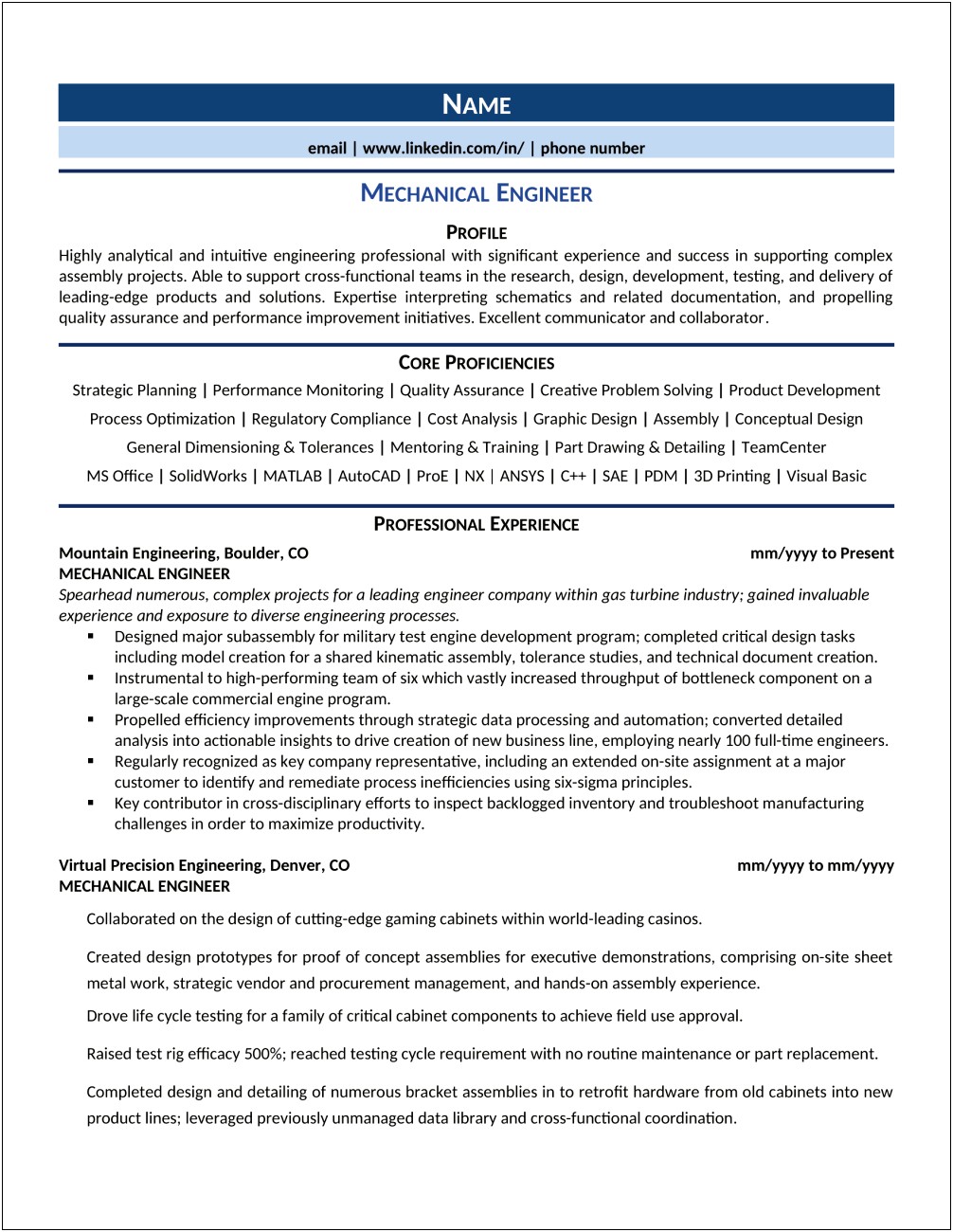 Mechanical Design Engineer Resume Free Download