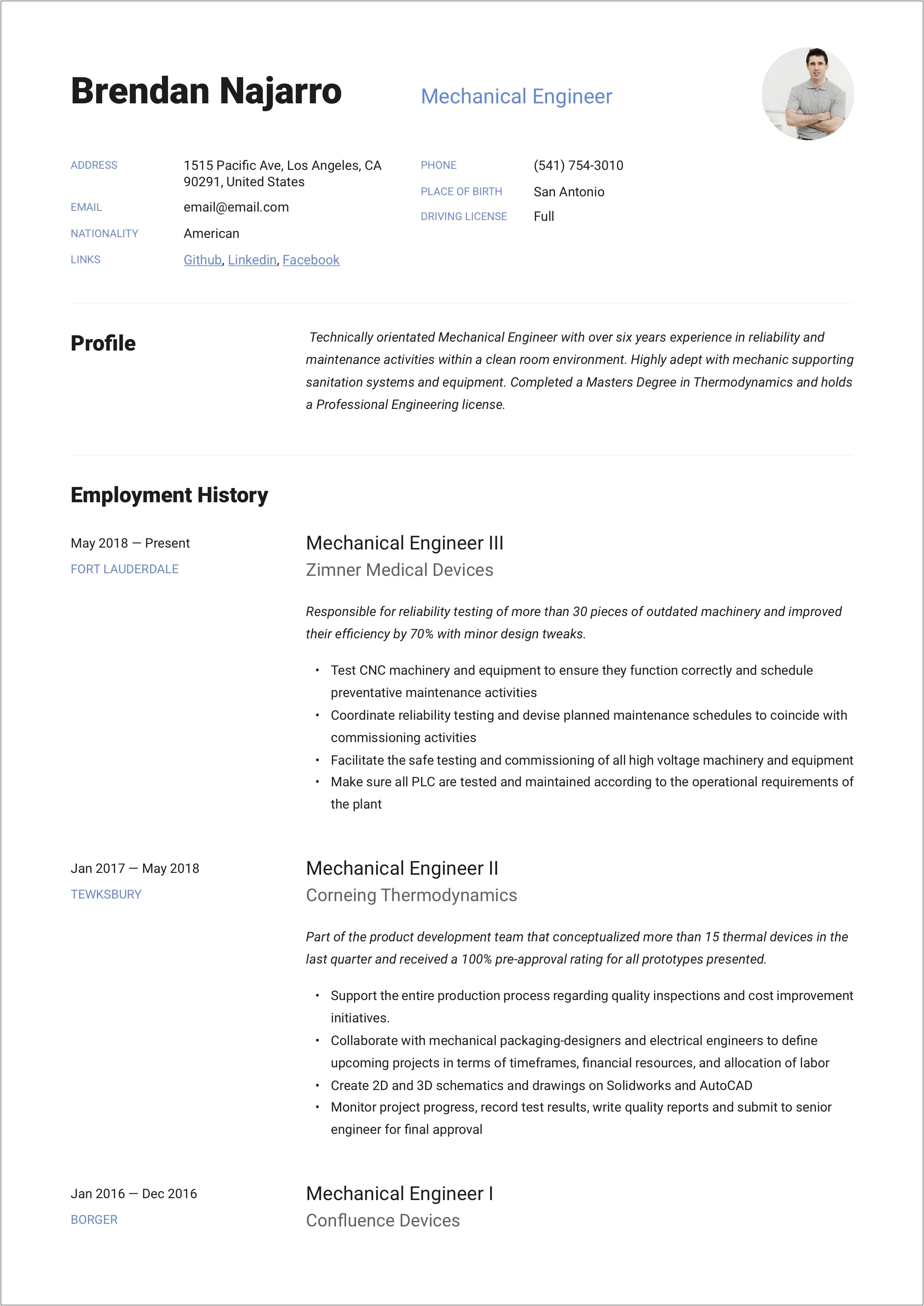 Mechanical Engineer Over Seas Manufacturer Resume Example