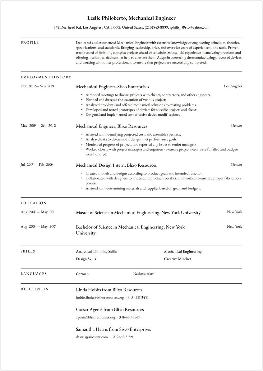 Mechanical Engineer Workshop Experience Resume Example