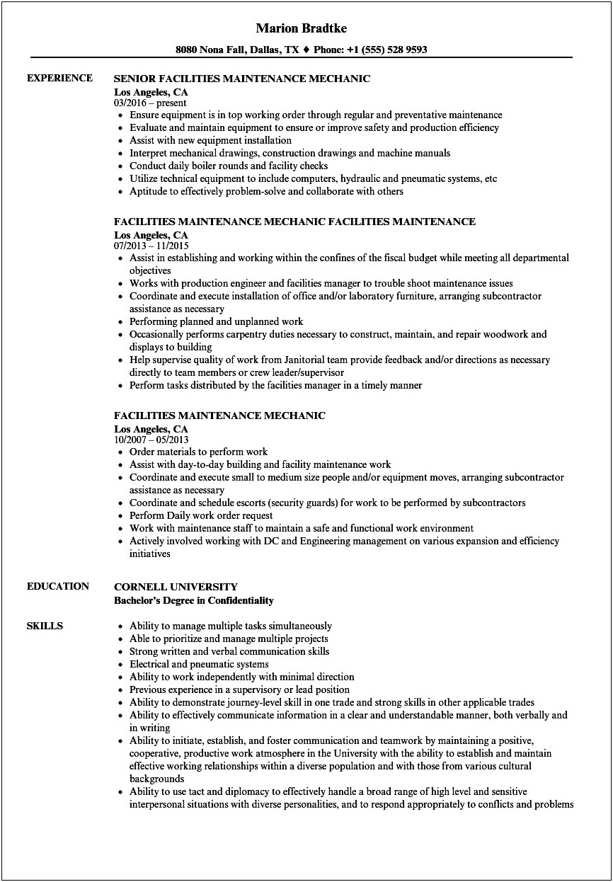 Mechanical Maintenance Technician Job Description Resume