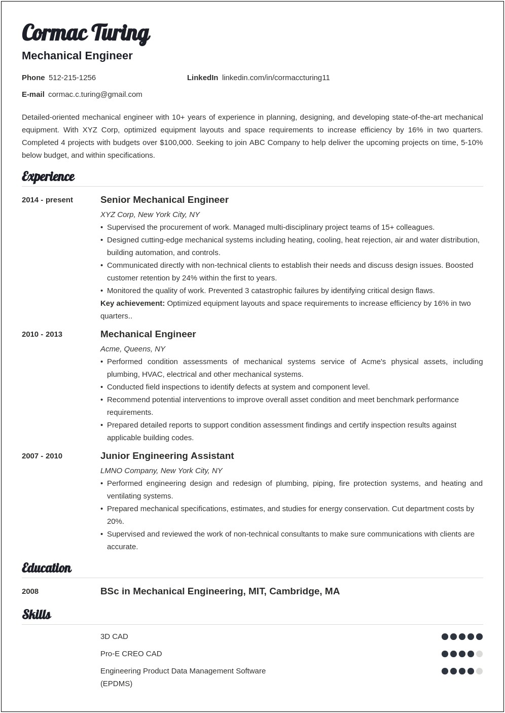 Mechanical Planning Engineer Resume Word Format