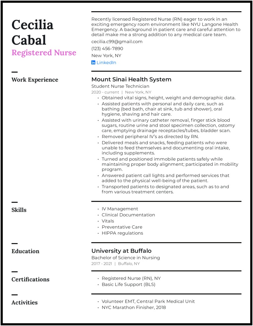 Med Surg New Grad Resume Objective Examples