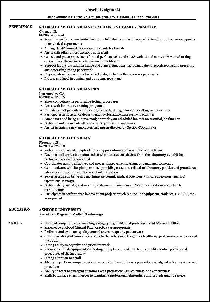 Med Tech Job Description For Resume