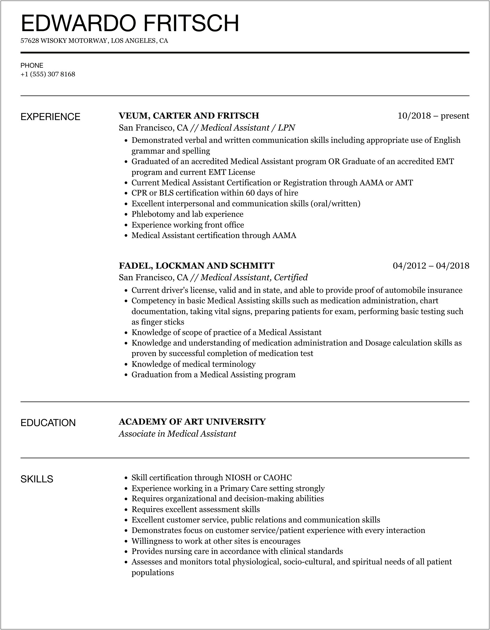 Medical Assistant Lungs And Sleep Resume Examples