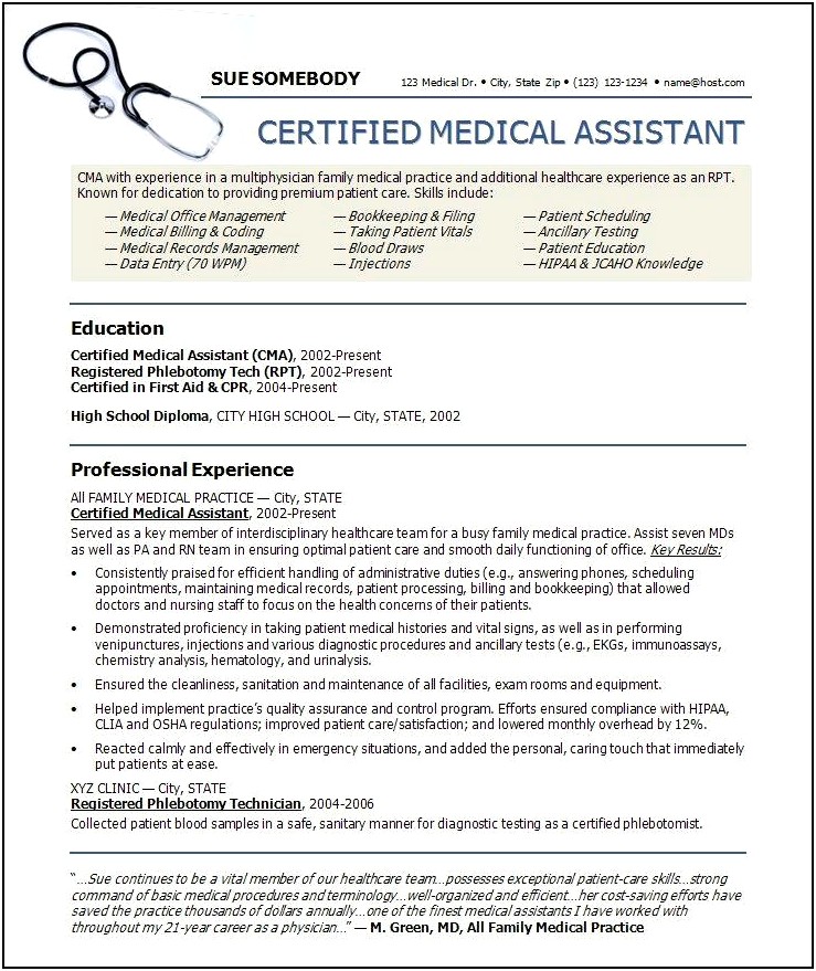 Medical Assistant Qualifications And Skills Resume