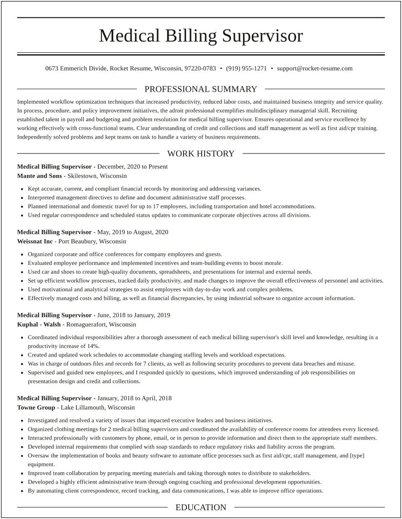 Medical Billing Supervisor Job Resume Sample