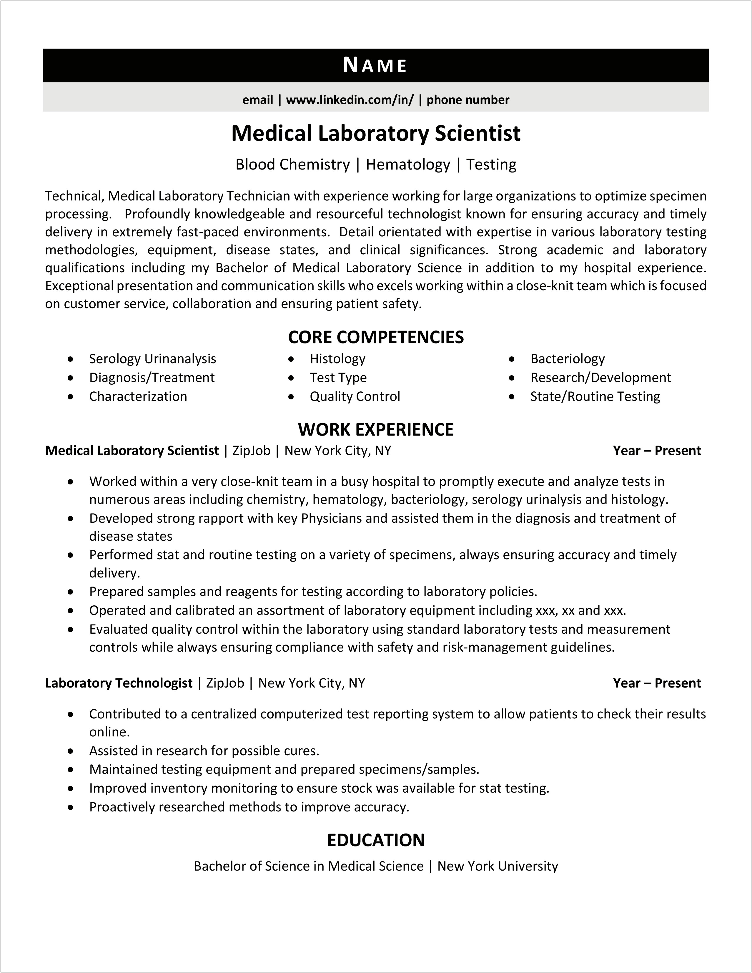 Medical Lab Technician Resume Cover Letter