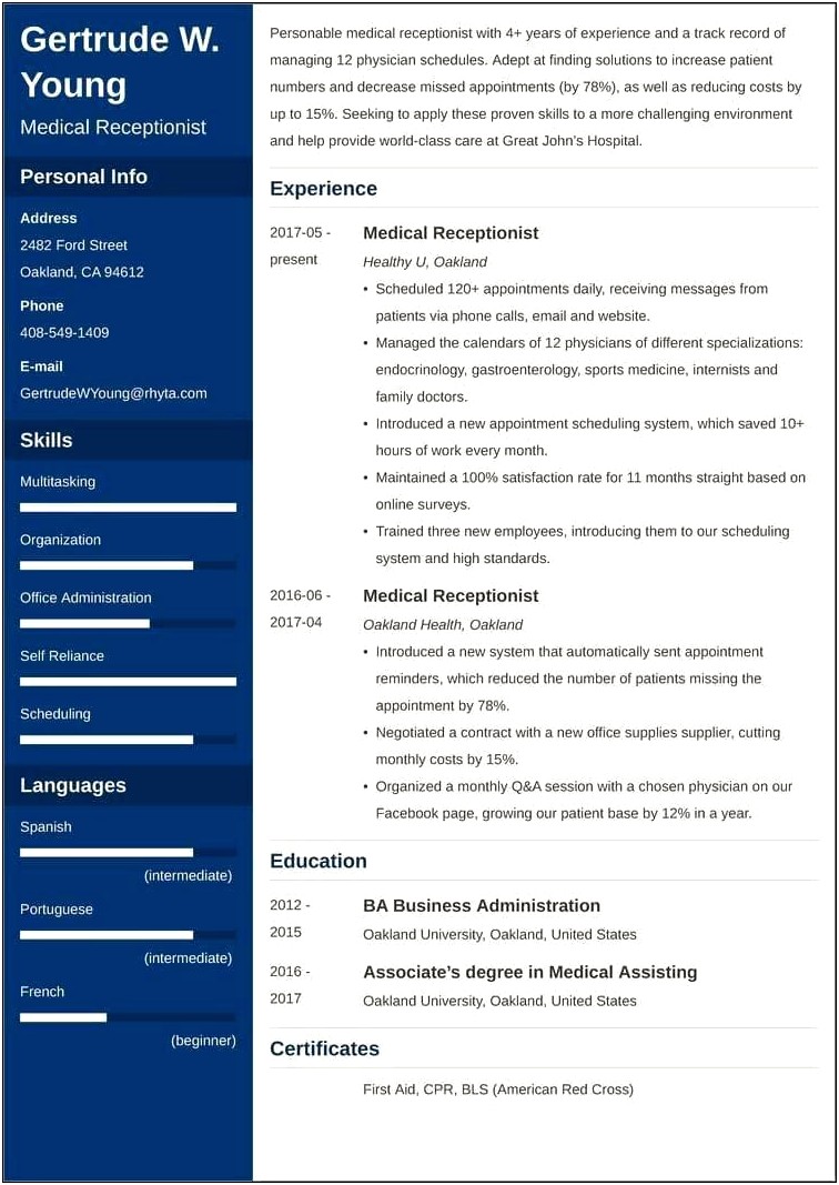 Medical Office Receptionist Job Description For Resume