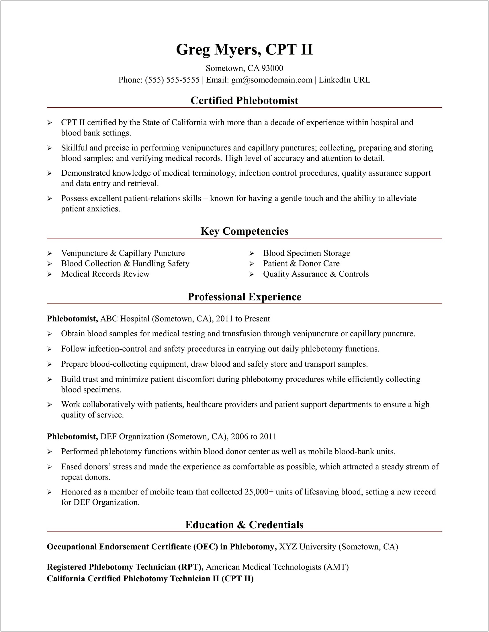 Medical Professional Certifications On Resume Example